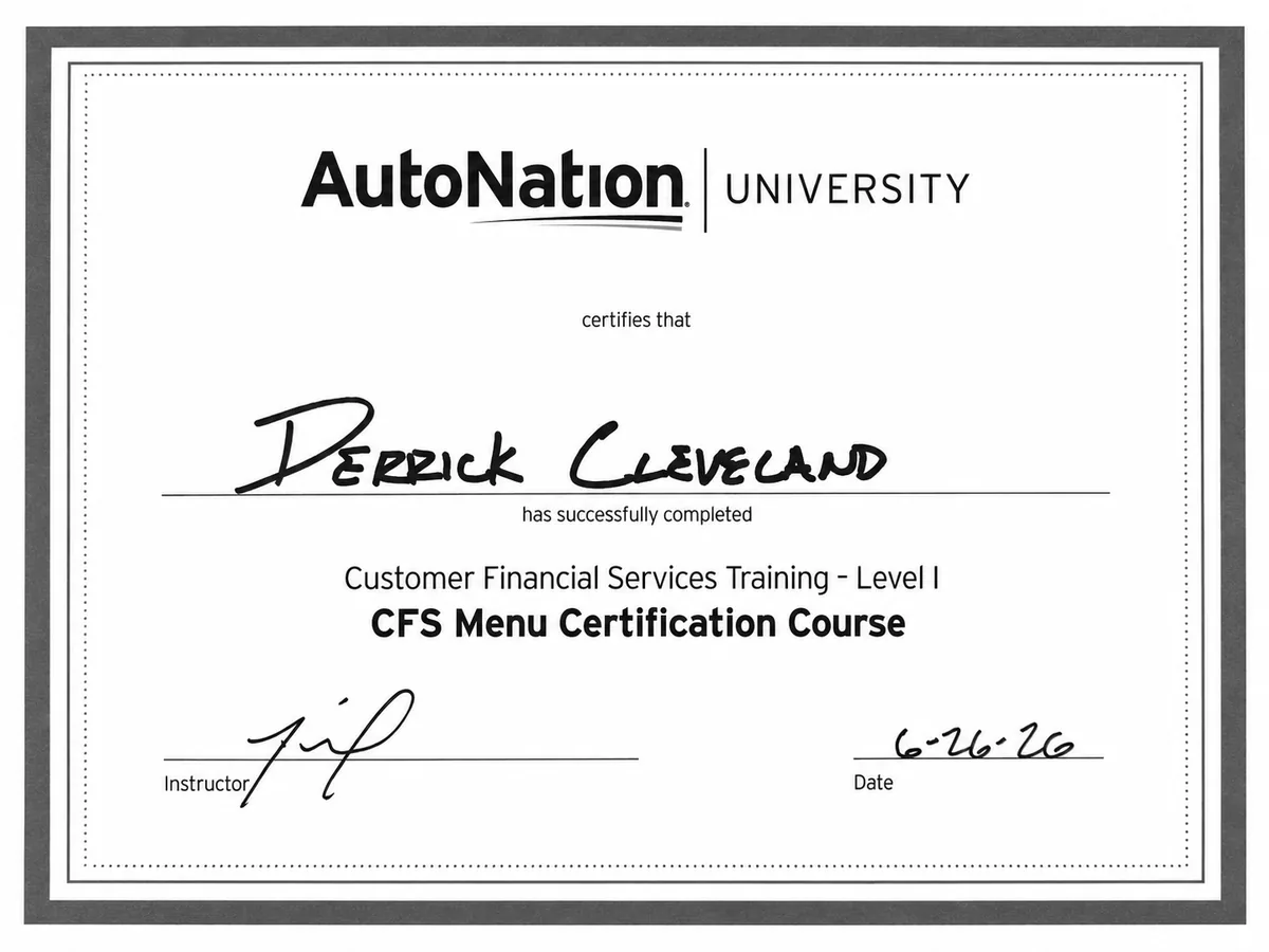 AutoNation University Customer Financial Services Training Level I certificate for Derrick Cleveland