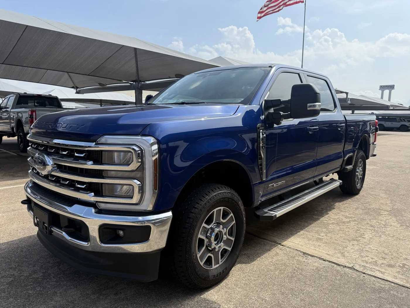 Blue Ford Super Duty truck photographed at a dealership